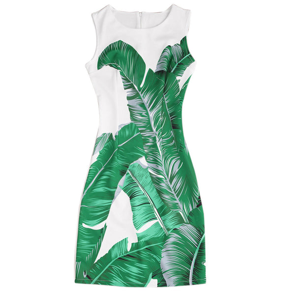 Casual Green Leaf White Summer Dress