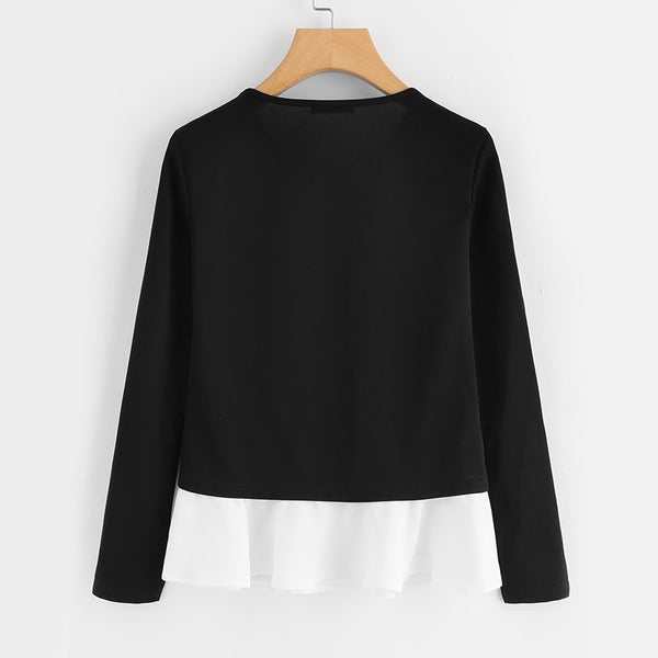 Black and White Long Sleeve Pearl Beading Neck Tops