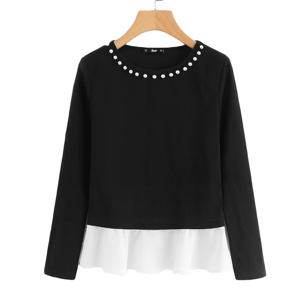 Black and White Long Sleeve Pearl Beading Neck Tops