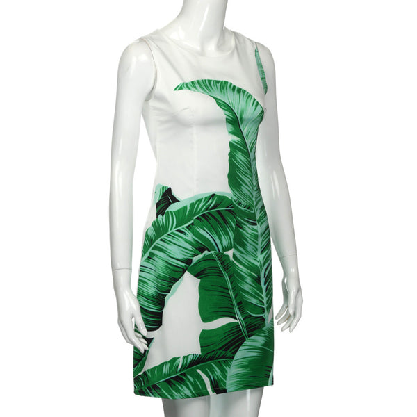 Casual Green Leaf White Summer Dress